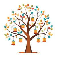Design Floating Lanterns Instead of Leaves for Flat Tree Style vector