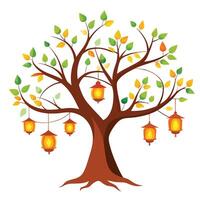 Flat Tree Design with Floating Lanterns Instead of Leaves Style vector