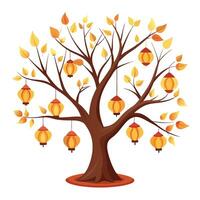 Floating Lanterns as Leaves for Flat Tree Design Style vector