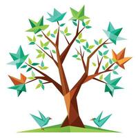 Flat Tree Design with Floating Origami Birds as Leaves Style vector