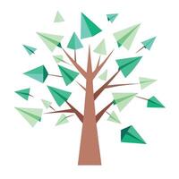 Flat Tree Design with Floating Paper Airplane Leaves Style Isolated on a white Background vector