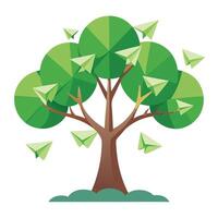 Flat Tree Design with Floating Paper Airplane Leaves Style vector