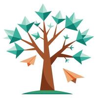 Flat Tree Design with Floating Paper Airplanes Instead of Leaves Style vector