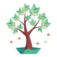 Flat Tree Design with Floating Paper Boat Leaves Generate Style vector
