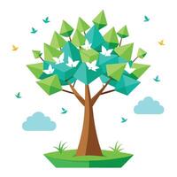 Flat Tree Design with Floating Paper Boats as Leaves Generate Style vector