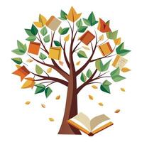 Flat Tree Design with Floating Paper Leaves for a Literary Tree Style vector