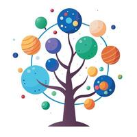 Flat Tree Design with Floating Planets Orbiting Instead of Leaves Style vector