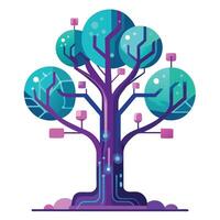 Conceptual tree illustration with bright neon lines creating futuristic circuit leaves vector