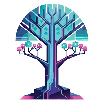 Modern tree with glowing neon circuit patterns forming its futuristic leaves