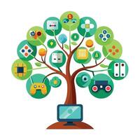 Playful tree with game controllers and joysticks forming its abstract leaves vector