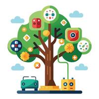Stylized tree illustration with assorted gaming symbols acting as its leaves vector