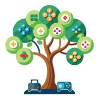 Modern tree artwork with different gaming icons forming its abstract foliage vector