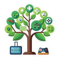 Unique tree graphic featuring multiple gaming components as its leaf design vector