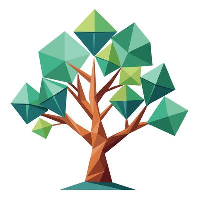 Abstract tree illustration with assorted geometric polygonal elements as leaves