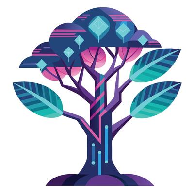 Unique tree graphic with colorful glowing neon leaves for an innovative style