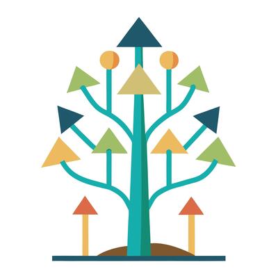 Financial tree artwork with increasing arrows forming its growing branches