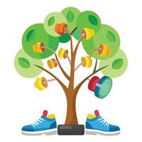 Whimsical tree design featuring gym equipment as leaves for a health-conscious theme vector