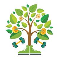 Artistic tree rendition with gym dumbbell and sneaker leaves symbolizing an active life vector