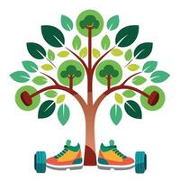 Imaginative tree artwork where gym dumbbells and running shoes act as vibrant leaves vector