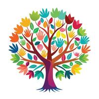 Artistic tree artwork with handprint shaped leaves conveying themes of collaboration and nurture vector