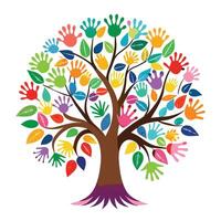 Artistic tree design where handprints create the foliage representing human interaction with the environment vector