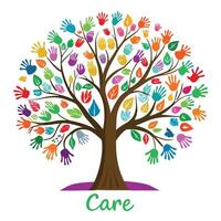 Symbolic tree artwork with handprints as leaves conveying themes of human impact and ecological responsibility vector