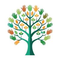 Artistic tree design with hands forming branches that symbolize unity and collaborative effort vector