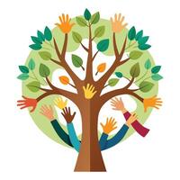Artistic tree illustration with hands embracing the trunk conveying themes of environmental stewardship vector