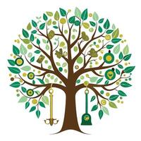 Conceptual tree artwork with keys and locks as foliage symbolizing solutions, security, and new beginnings vector