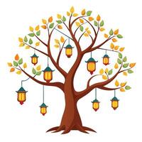 Artistic tree design featuring lanterns hanging from branches conveying themes of festivity and warmth vector