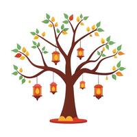Conceptual tree artwork with multiple lanterns hanging from its branches symbolizing joy and celebration vector