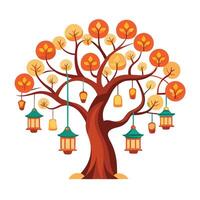 Vibrant tree illustration with colorful lanterns hanging from branches adding a festive and lively touch vector