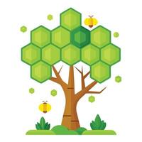 Unique tree graphic featuring honeycomb-patterned leaves and bees collecting pollen vector