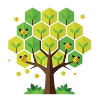 Whimsical tree artwork featuring honeycomb form leaves and busy bees in motion vector