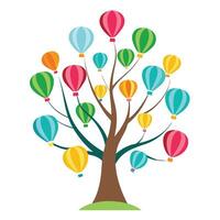 Imaginative tree artwork with colorful hot air balloons forming the upward floating foliage vector