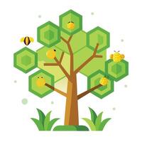 Nature-inspired tree with honeycomb-shaped leaves and buzzing bees around it vector