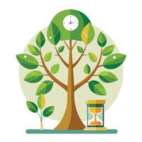 Time-themed tree with hourglass and clock faces as its symbolic leaves vector