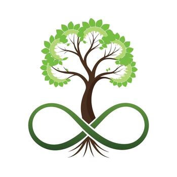 único árbol ilustración con un infinito símbolo incrustado en el maletero representando interminable crecimiento vector