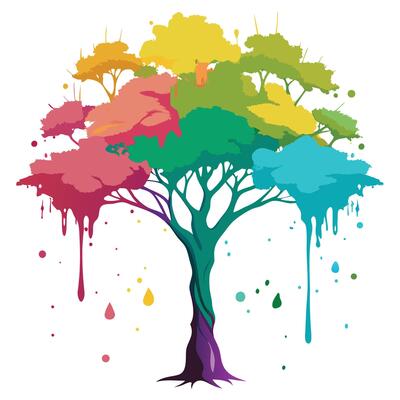 Creative tree illustration featuring an ink splatter as the foliage conveying an expressive and modern feel