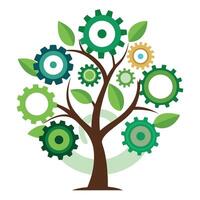 Industrial tree design featuring interlocking gears as leaves conveying themes of machinery and progress vector