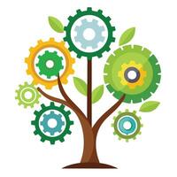 Technical tree artwork with interlocking cog leaves symbolizing engineering and mechanical processes vector