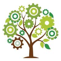 Modern tree illustration with interlocking gear shaped foliage representing innovation and automation vector