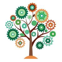 Technical tree artwork with interlocking cog leaves symbolizing mechanical design and industrial processes vector