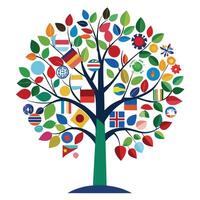 Multicultural tree design featuring various international flags as its colorful foliage vector