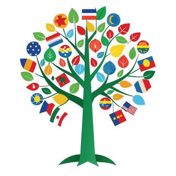 Global tree illustration with international flags as leaves representing unity and diversity vector