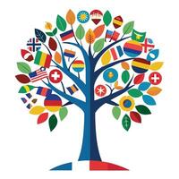 Worldwide tree artwork with leaves shaped like international flags symbolizing global connections vector