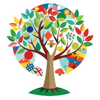 Globalized tree illustration with international flags instead of leaves representing worldwide unity vector