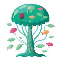 Abstract tree artwork featuring jellyfish and marine creatures as its foliage vector