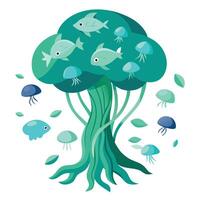 Whimsical tree illustration with jellyfish and sea animals as its leaves vector