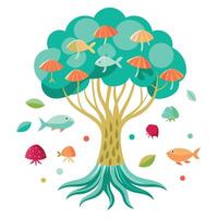 Underwater-themed tree with jellyfish and ocean life as its leaves vector